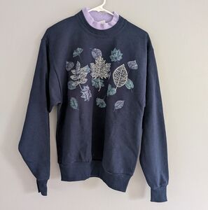 Vintage Leaf Print Sweatshirt Navy Lilac Collar Small‎ Grandma sweater Granola